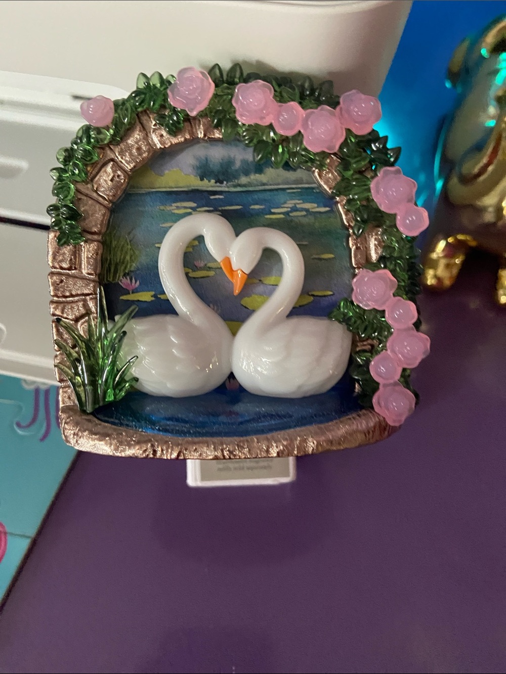 Romantic White Swan Wall Decor with Pink Rose Accents light up wallflower